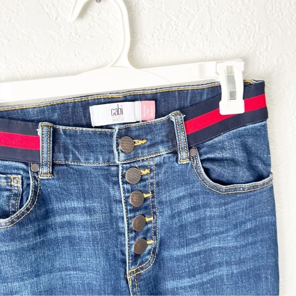 CAbi Jeans Women's 2 Simone Skinny Dark Wash Button Fly Tennis Prep Rugby Stripe